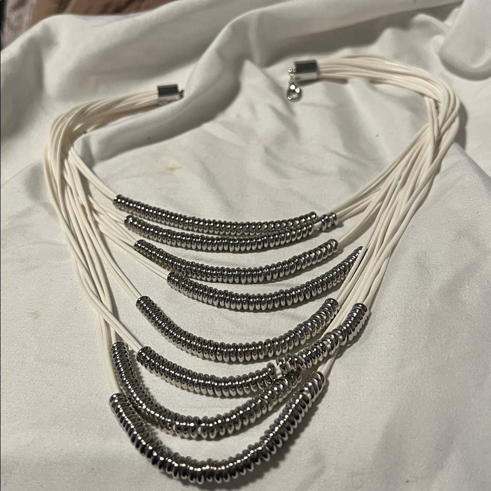 Eight Strand Cream and Silver Tone Beaded Statement Necklace on Cords